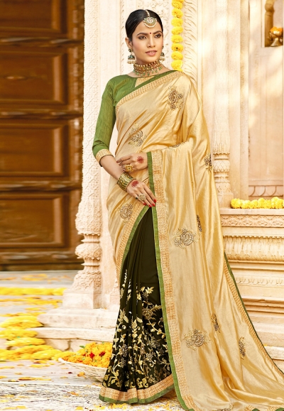 Beige georgette embroidered half and half saree 3975