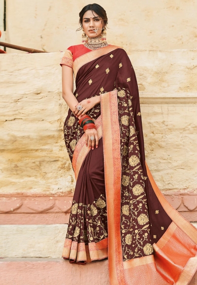 Brown cotton embroidered festival wear saree 1025A