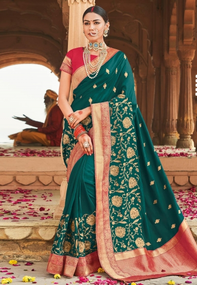 Teal cotton embroidered saree with blouse 1025B