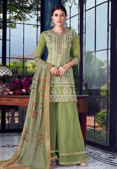 Light green silk embroidered palazzo suit 8005A