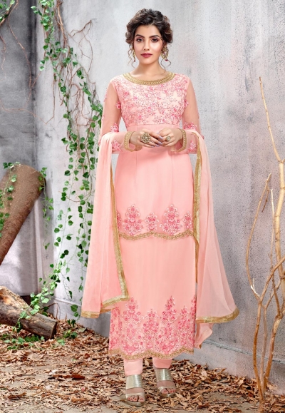 Pink net embroidered pant style suit 5153