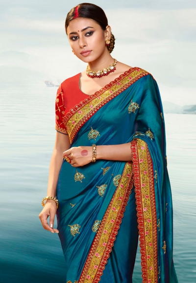 Blue Barfi Silk Embroidered Festival Wear Saree Palash9038