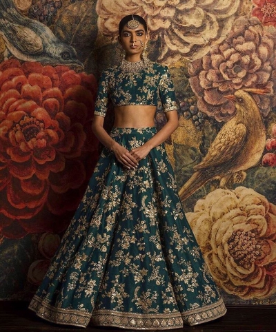 Sabyasachi Inspired Rama Green Banglori silk wedding lehenga