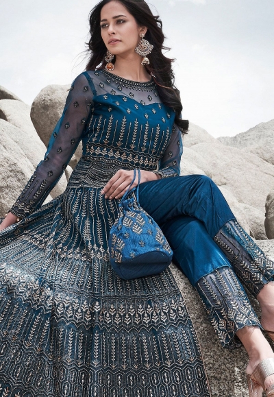 Blue Net Embroidered Long Anarkali Suit