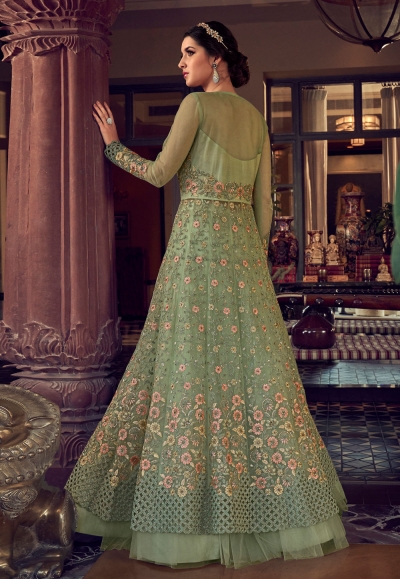 Light Green Net Embroidered Indo Western Lehenga Choli