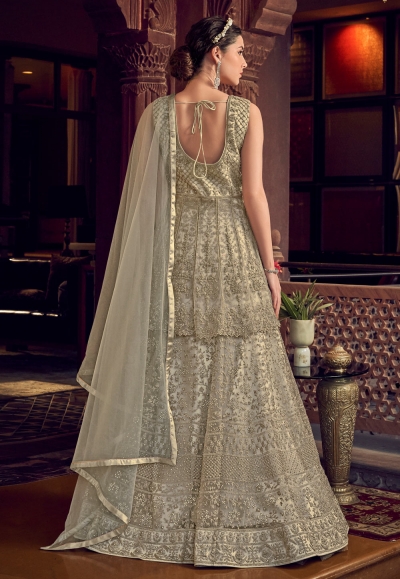 Grey Net Embroidered Abaya Style Anarkali Suit