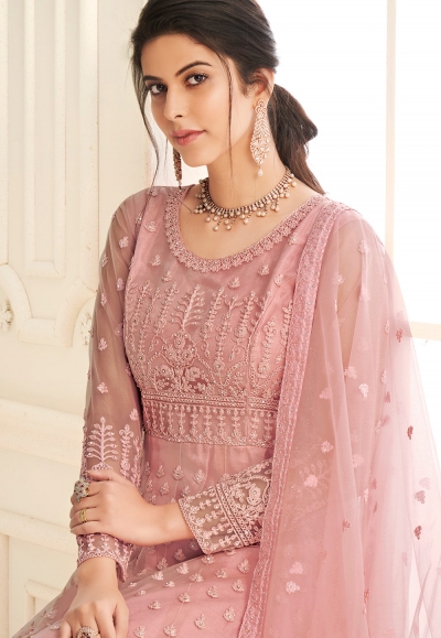 Pink Net Embroidered Long Anarkali Suit