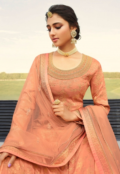 Peach Jacquard Silk Embroidered Kameez With Palazzo