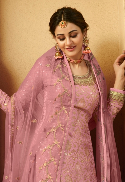 Pink Jacquard Silk Embroidered Kameez With Palazzo