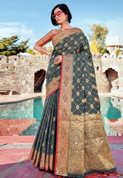 Grey banarasi silk festival wear saree 144471