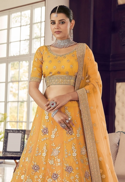 Yellow Organza A Line Lehenga Choli 9412