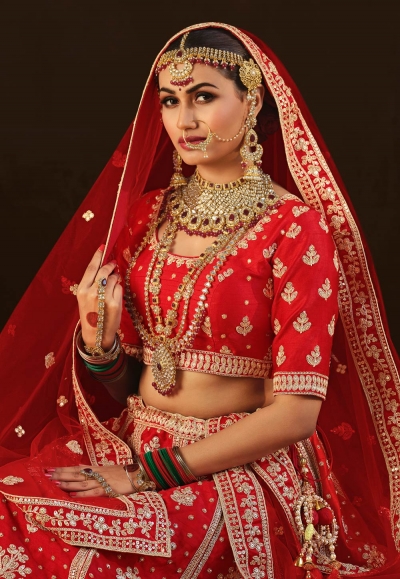 Red Silk Embroidered Bridal Lehenga Choli A