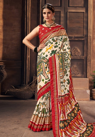 Off white tussar silk printed saree 3002