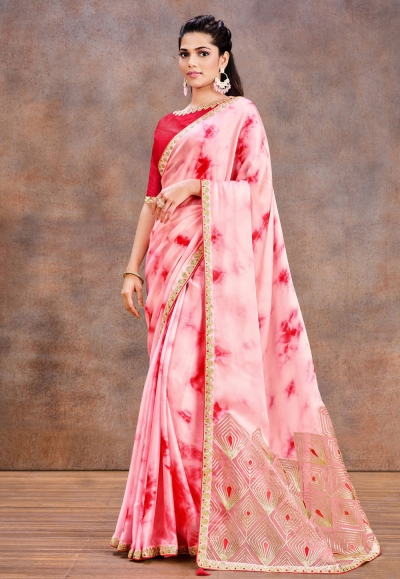 Silk satin Saree with blouse in Pink colour 42205