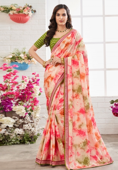 Chinon Saree with blouse in Pink colour 105