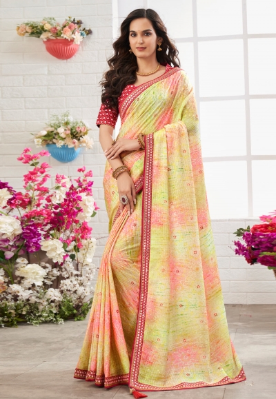 Chinon printed Saree in Light green colour 110