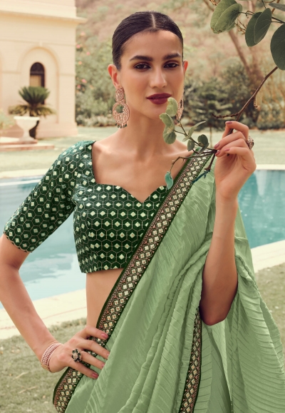 Silk Saree With Blouse In Pista Green Colour 4907