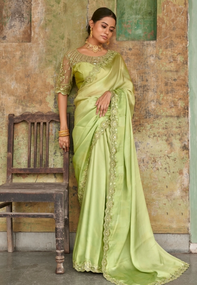 Satin Saree with blouse in Light green colour 1106a