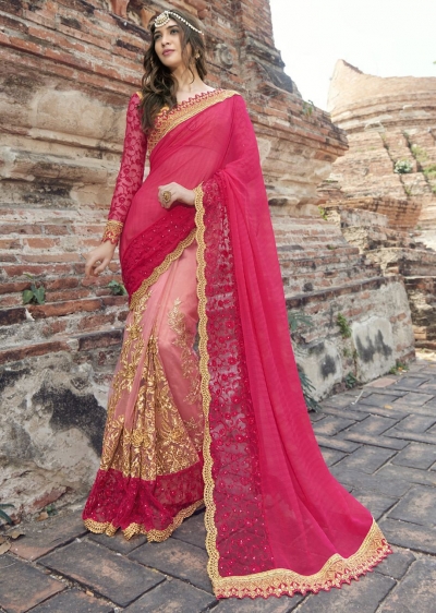 Peach Colored Embroidered Faux Georgette Festive Saree 1902