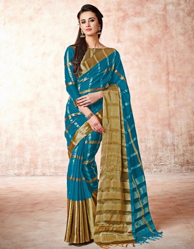 Aashi Peacock Blue Cotton saree