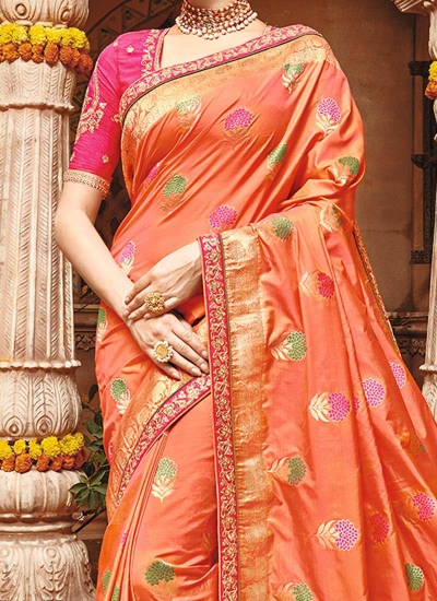 Light Orange Pure Banarasi Silk Wedding Saree 1212 5978