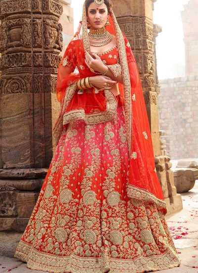 Red and pink shaded satin silk and net wedding lehenga