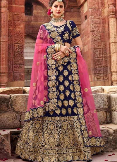 Royal blue satin silk and net wedding lehenga