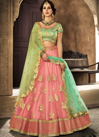 Peach net wedding lehenga choli 5111