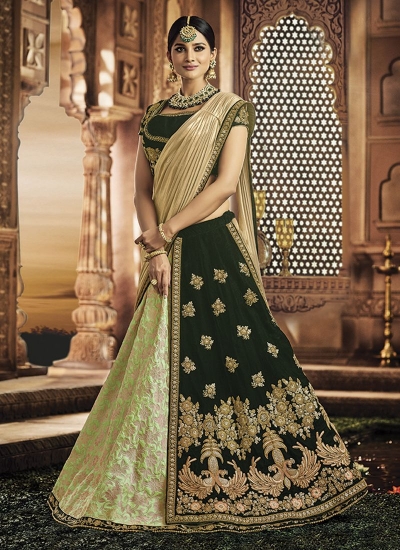 Dark green and green jacquard silk wedding lehenga