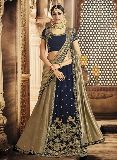 Brown and Navy blue color dhupion wedding lehenga