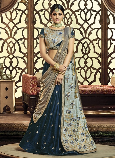 Royal blue and gold raw silk wedding lehenga