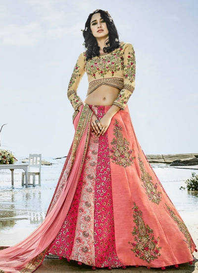 Cream and pink silk wedding lehenga