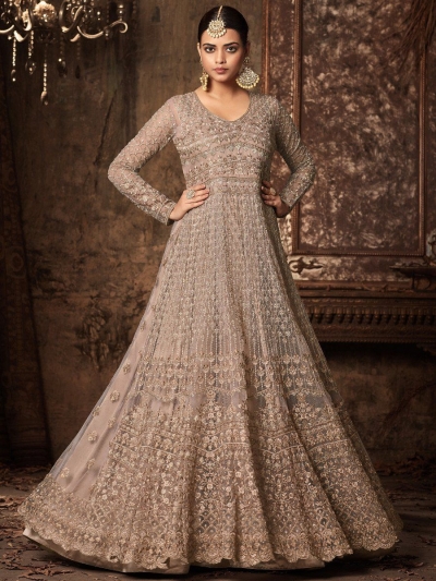 Grey color net wedding anarkali