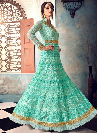 Mint green color net party wear anarkali suit