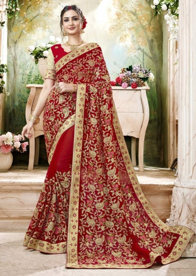 Red Faux Georgette Traditional Embroidered Saree 7506