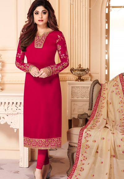 shamita shetty rani pink georgette embroidered churidar suit 8143