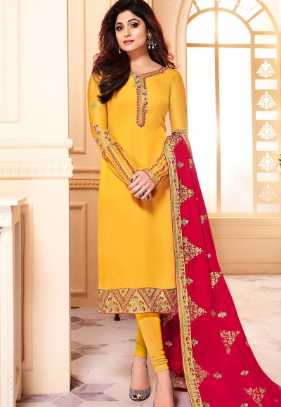 shamita shetty yellow georgette embroidered churidar suit 8141