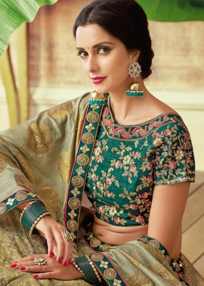 Green Weaved Silk Indian Wedding Lehenga Choli 7812