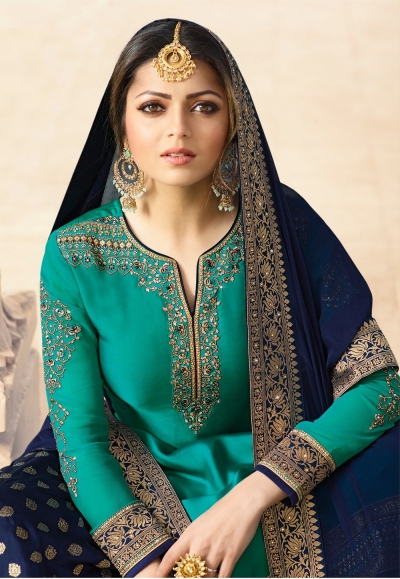 Drashti Dhami Blue Satin Georgette Floor Length Lehenga Style Suit 3308 5664