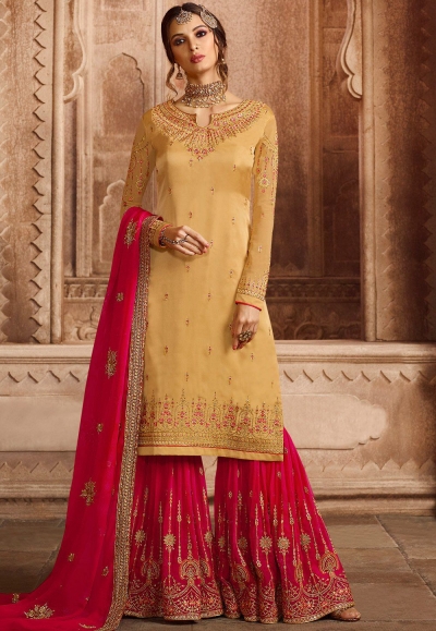 Mustard Satin Georgette Embroidered Sharara Style Pakistani Suit