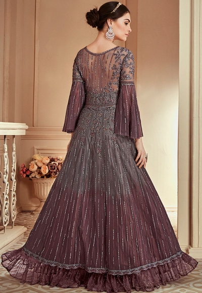 Grey Heavy Shaded Net Embroidered Long Designer Suit 902