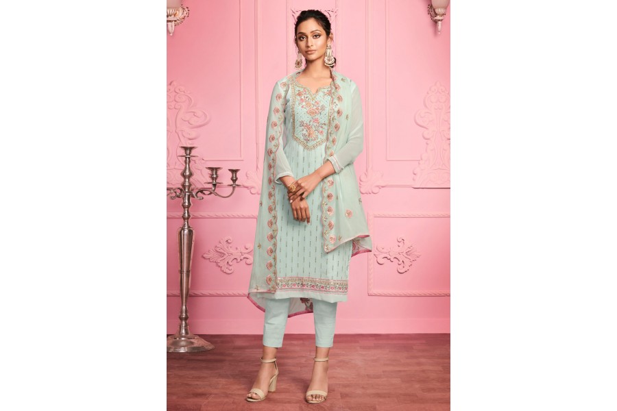 Georgette pant style suit in Sky blue colour 2203