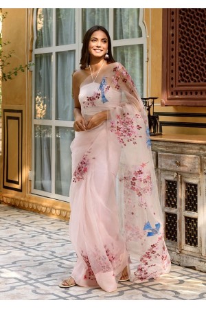 Bollywood Model Light Peach Pure Organza hand work saree