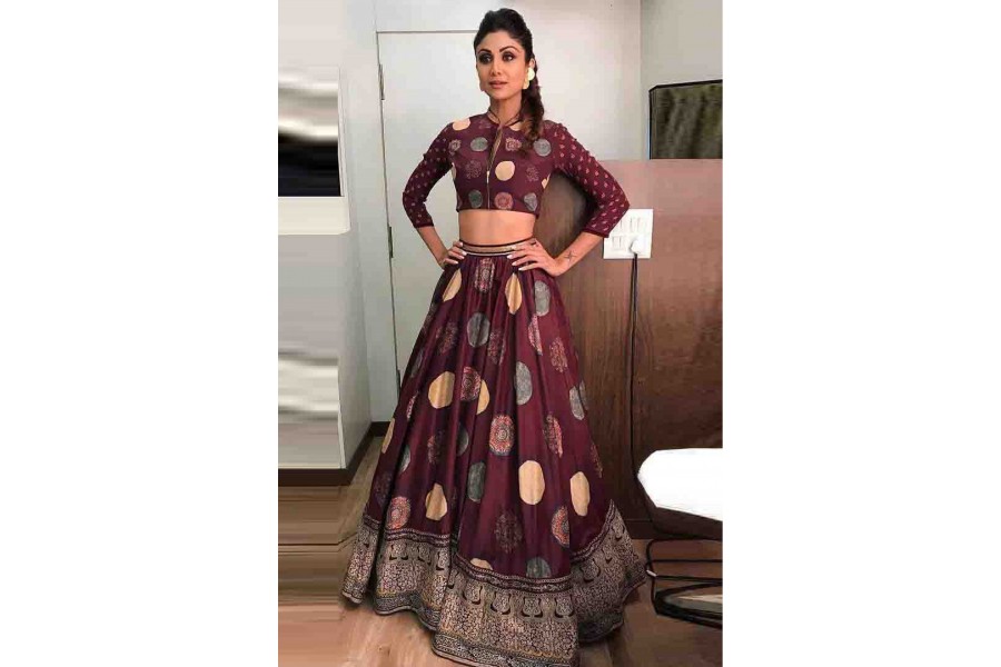 Shilpa Shetty Occasion Wear Brown Color Designer Border Work Satin Saree