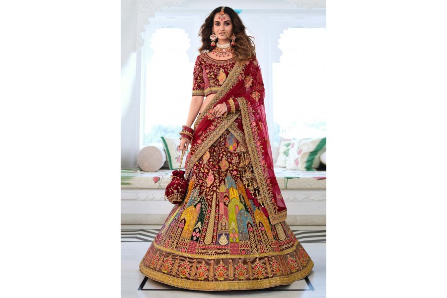 Maroon Velvet Embroidered Bridal Lehenga Choli 996 