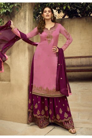 Buy Online Peach Georgette Embroidered Pant Style Suit : 81874 