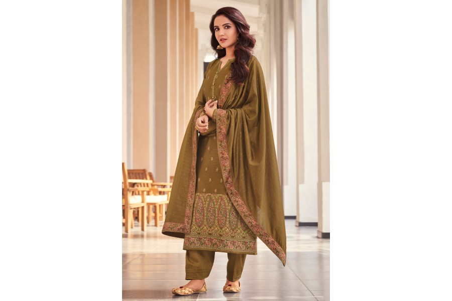 Mehndi Green Silk Plain A-Line Kurta With Pant And Dupatta – Sudathi