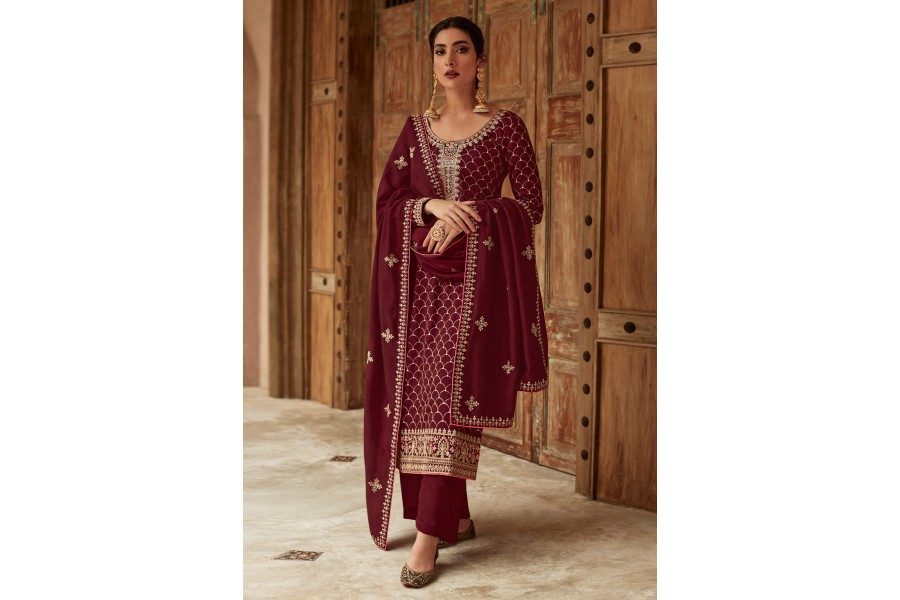 Magenta silk pant style suit 9446