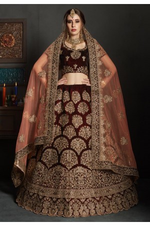 maroon velvet embroidered circular lehenga choli 1908