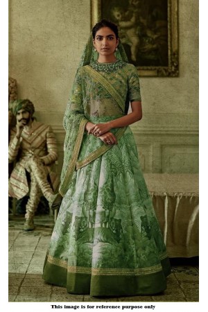 Bollywood Sabyasachi Inspired Digital green silk wedding lehenga